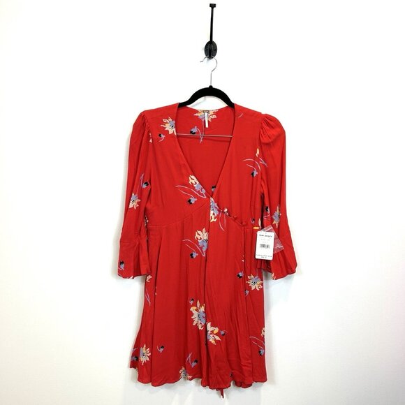 NWT Free People Time on My Side Red Floral Wrap Dress, Small - Picture 1 of 11